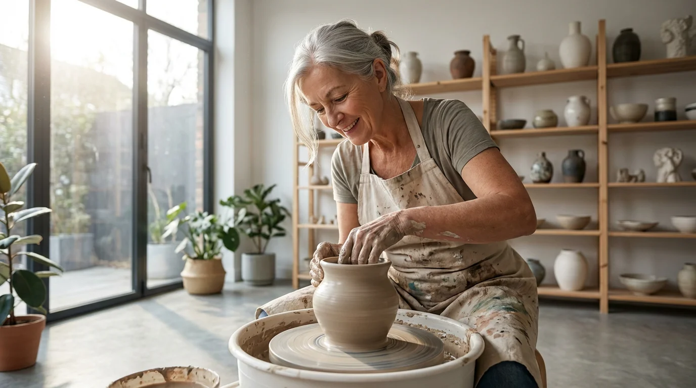 A senior woman finding purpose by skillfully shaping a clay pot on a pottery wheel.