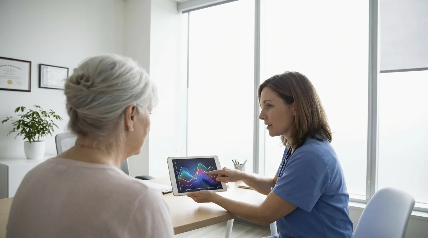 A senior woman in a consultation with her doctor, looking at a health chart on a tablet.