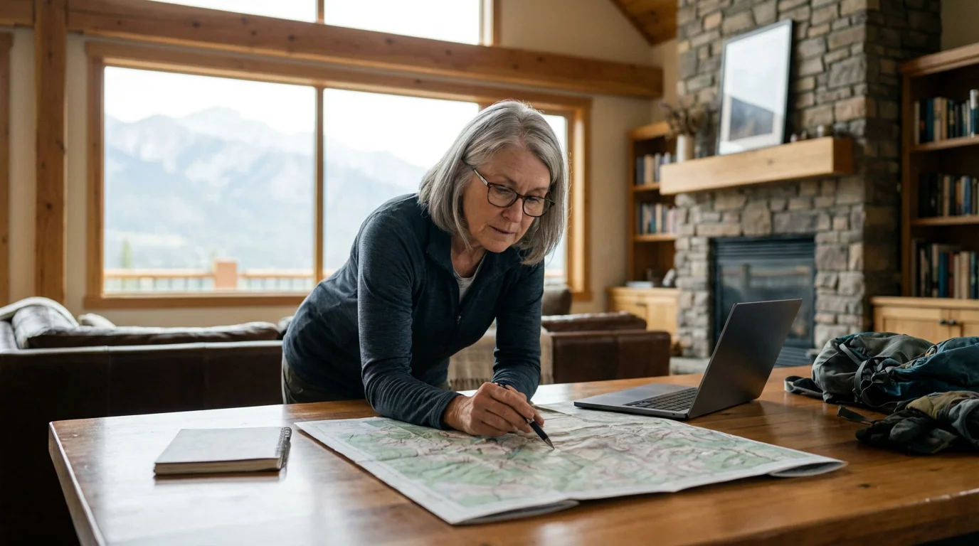 A senior woman in a mountain home carefully studies a topographical map on a table.