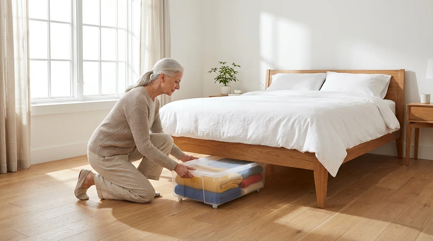 A senior woman neatly placing a clear storage container with sweaters under a bed.
