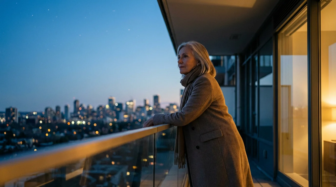 A senior woman on a city balcony at dusk, contemplating her retirement and financial future.