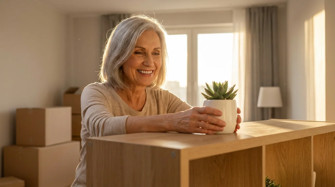 A senior woman places a houseplant on a bookshelf in her new, sunny home.