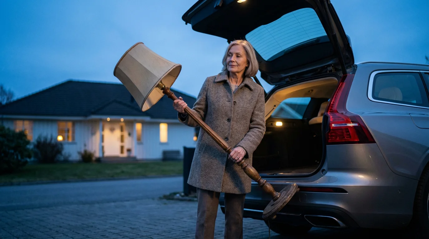 A senior woman places a vintage lamp by her car in a driveway at dusk.