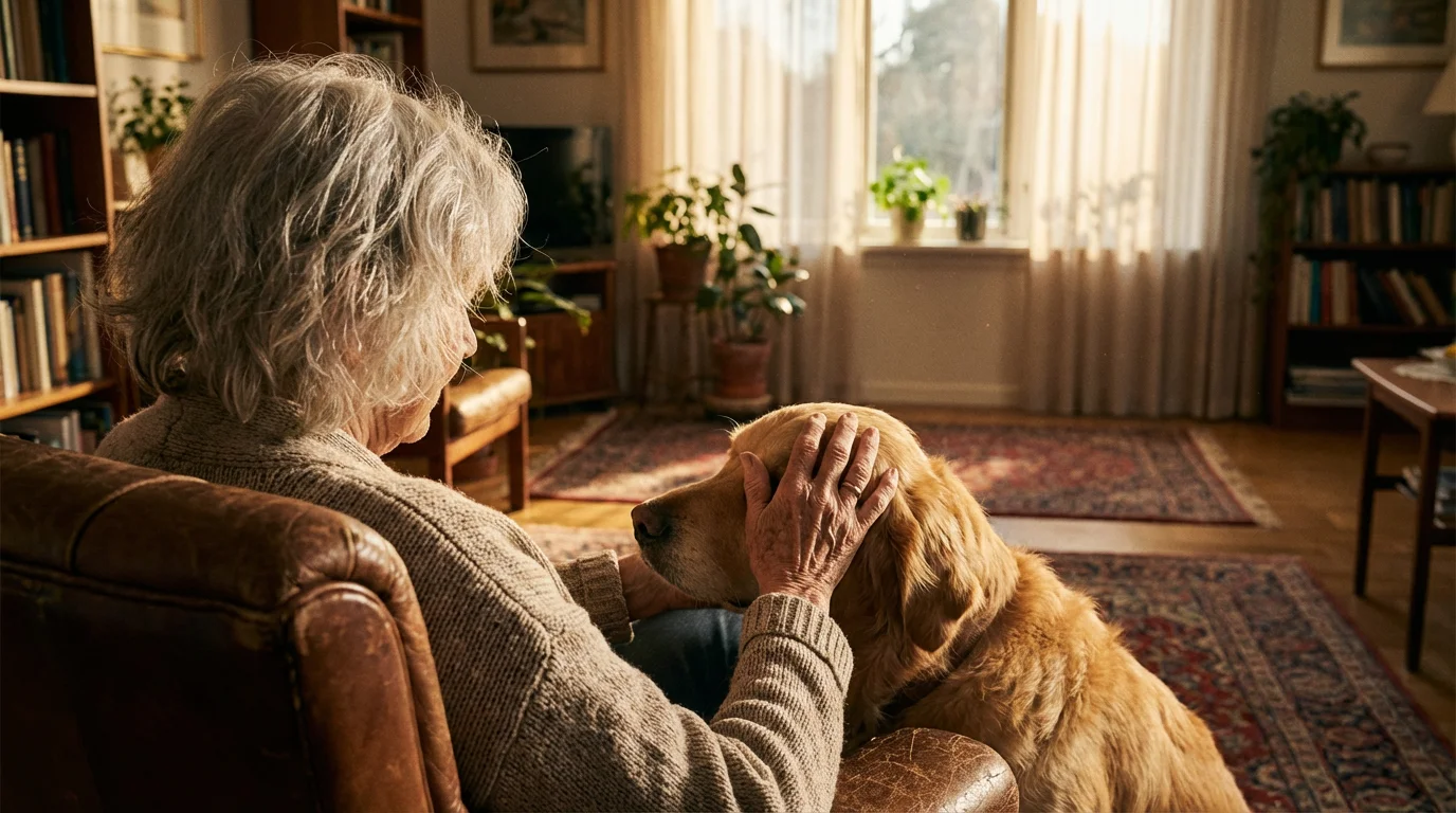 A senior woman seen from over her shoulder, petting her golden retriever in a sunlit room.