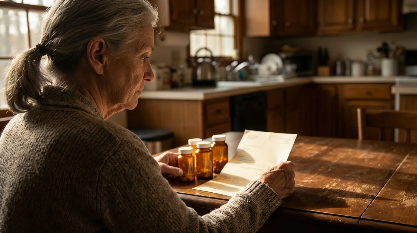 A senior woman sits at a table with prescription bottles, contemplating unexpected healthcare expenses.