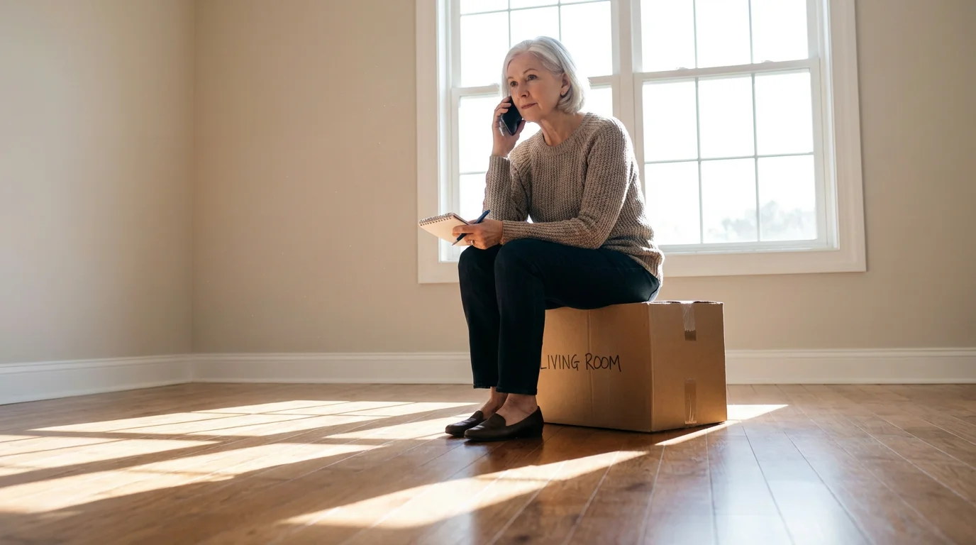 A senior woman sits on a moving box, making a phone call to plan utilities.