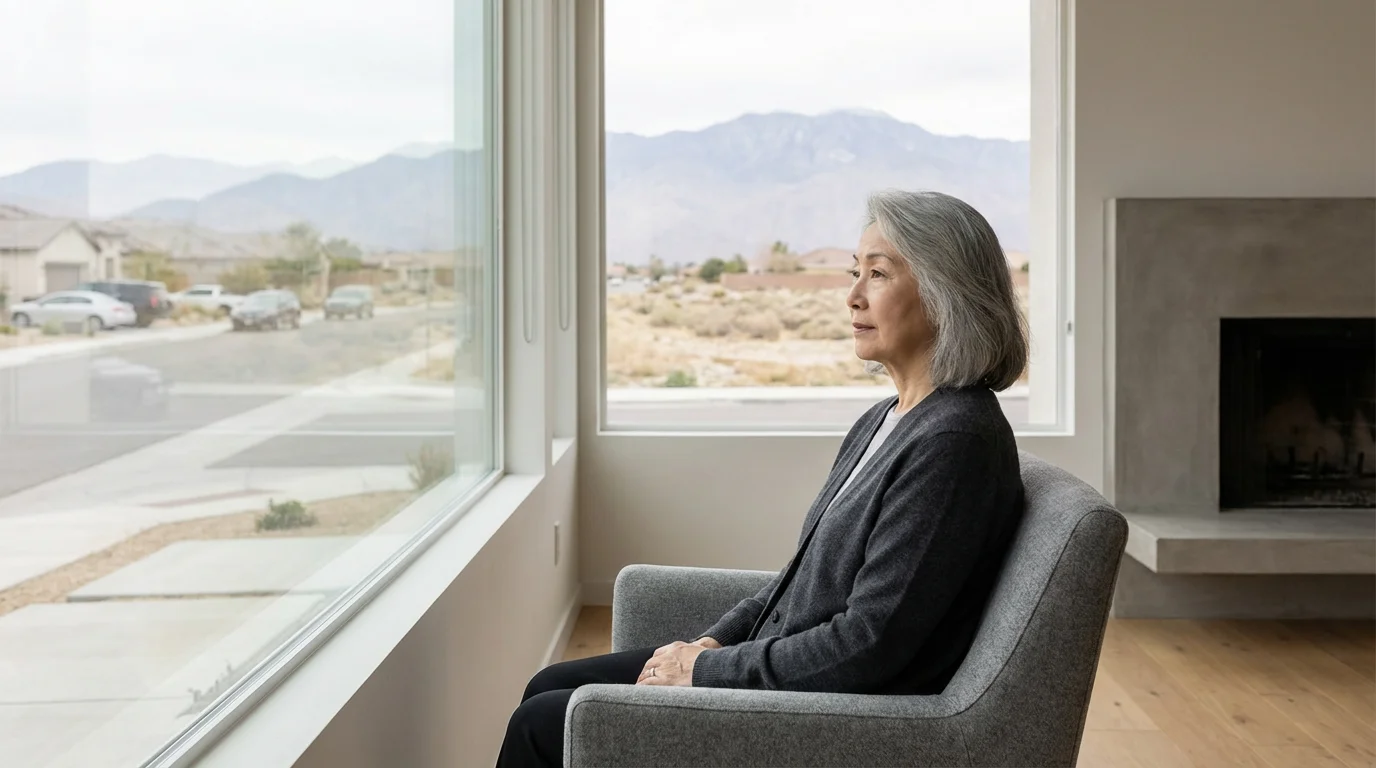A senior woman sits thoughtfully in her living room, looking out at a Nevada landscape.