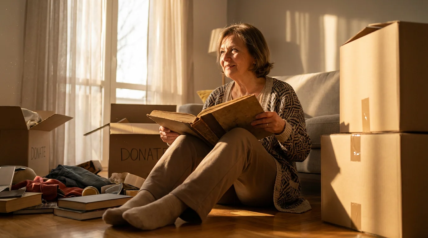 A senior woman sitting on the floor surrounded by boxes, decluttering her home at sunset.