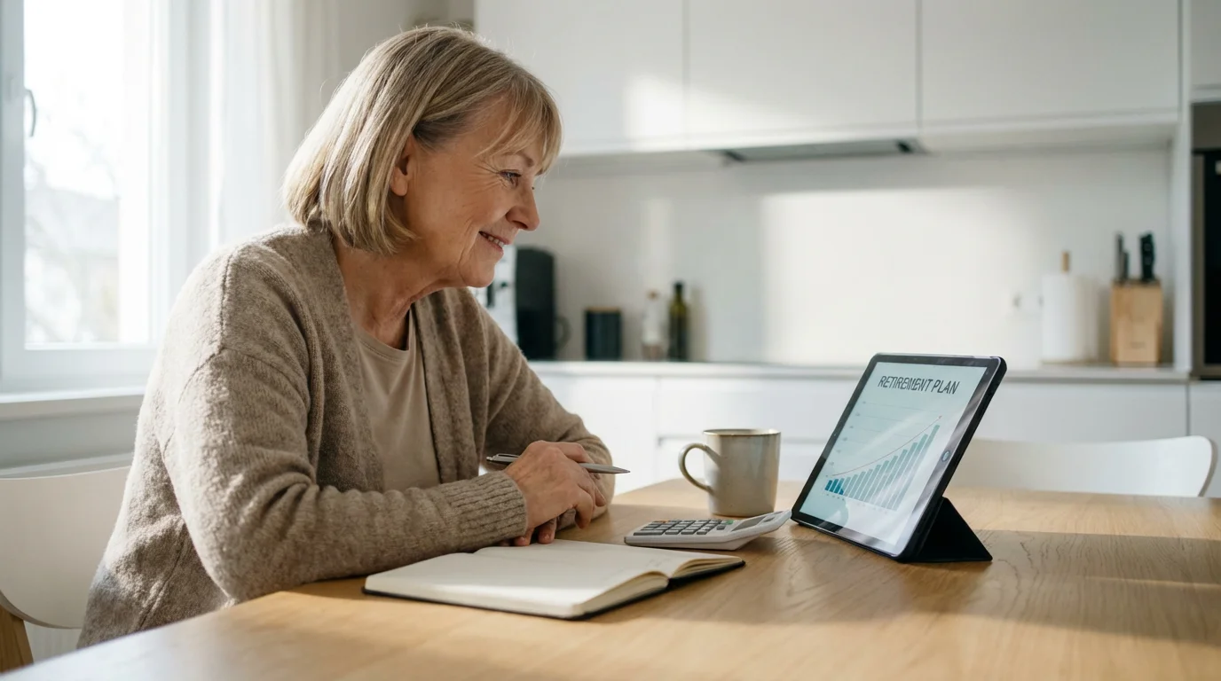 A senior woman smiles while planning her budget at a sunlit kitchen table in Tennessee.