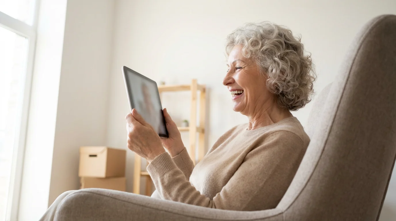 A senior woman smiles while using a tablet for a video call at home.