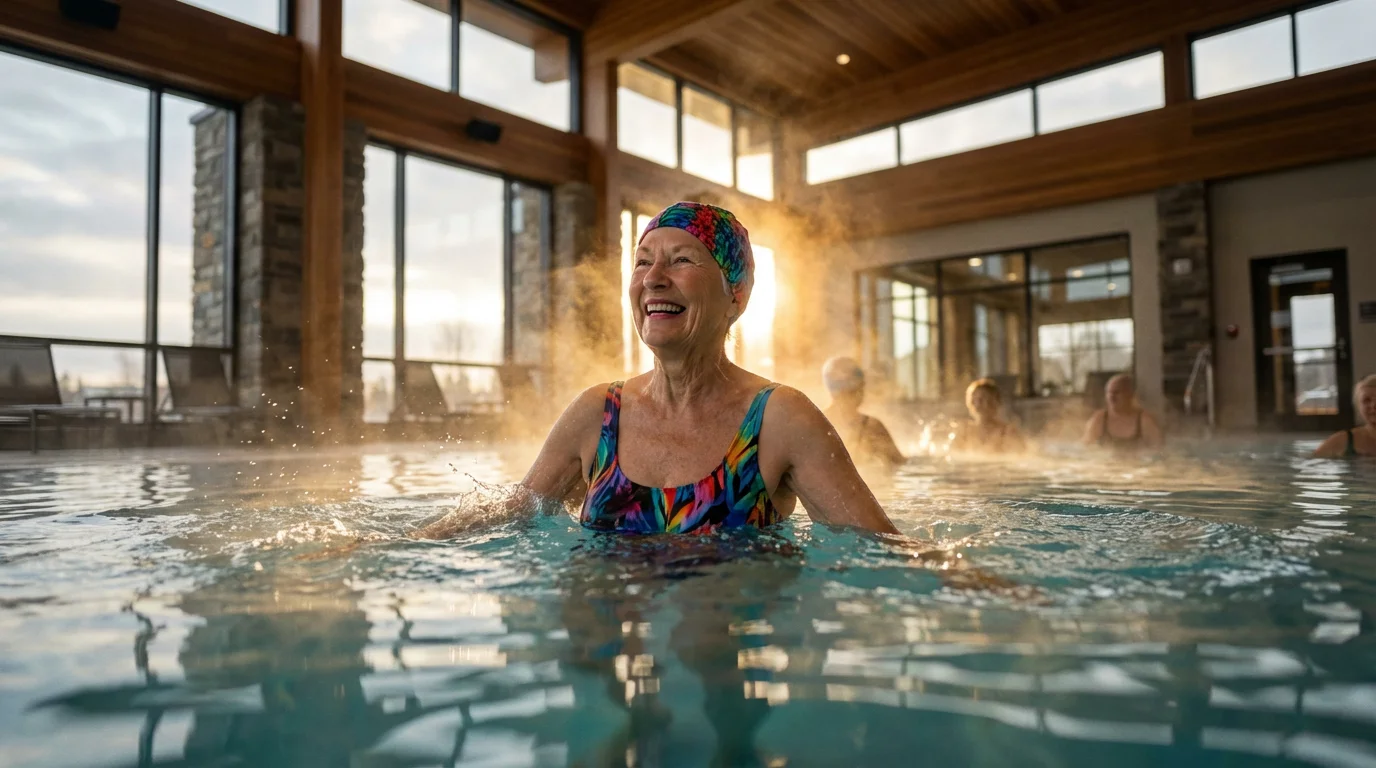 A senior woman smiling while exercising in a luxurious indoor swimming pool during golden hour.