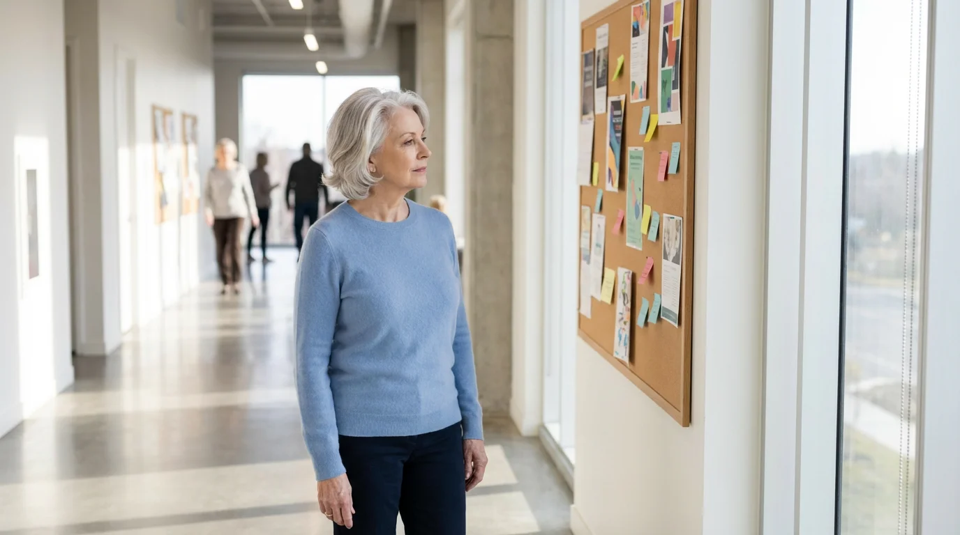 A senior woman thoughtfully observes a community bulletin board in a brightly lit hallway.