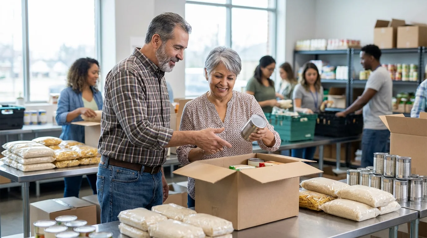 A senior woman volunteer being welcomed as she packs food at a community food bank.
