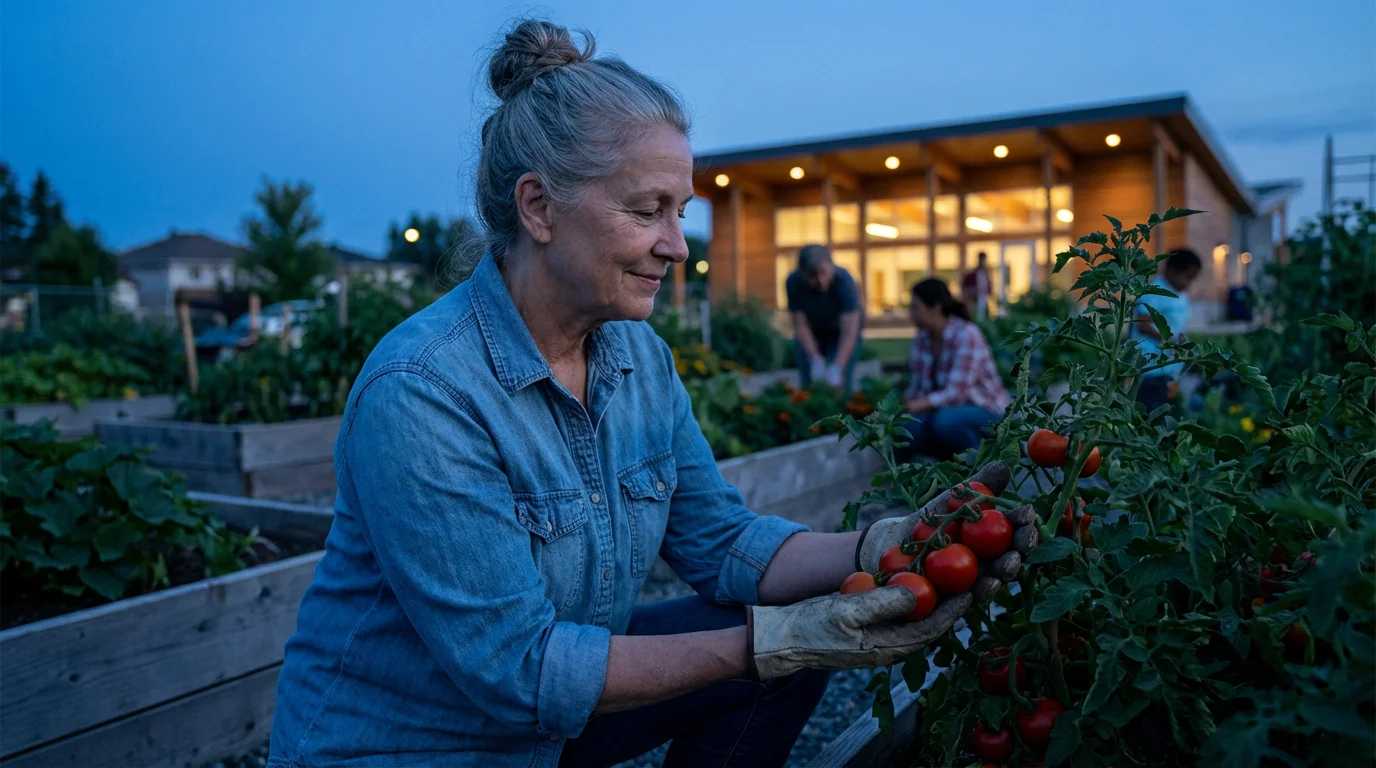 A senior woman volunteering in a community garden at dusk, inspecting a tomato plant.