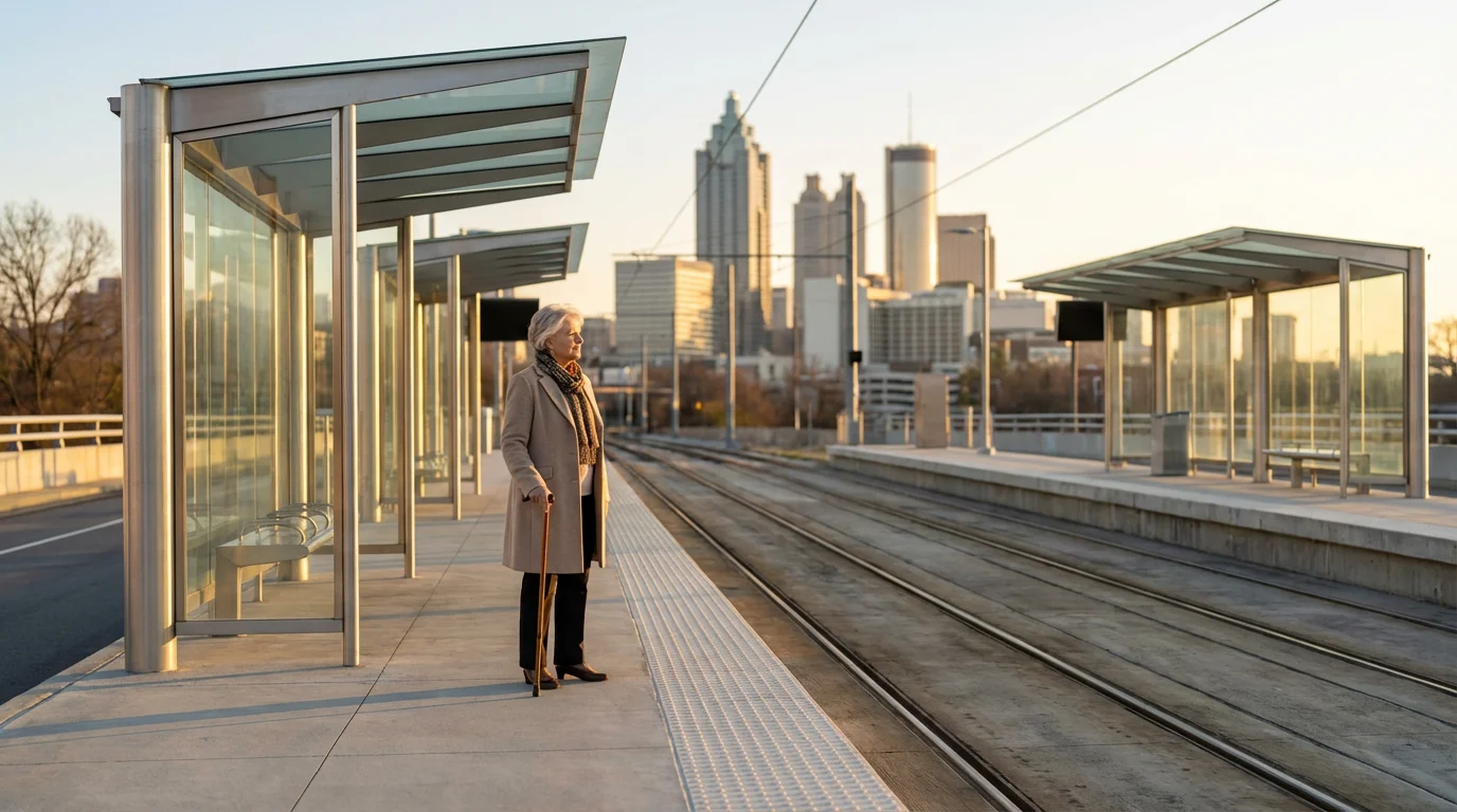 A senior woman waits for a train at a modern city station during sunset.