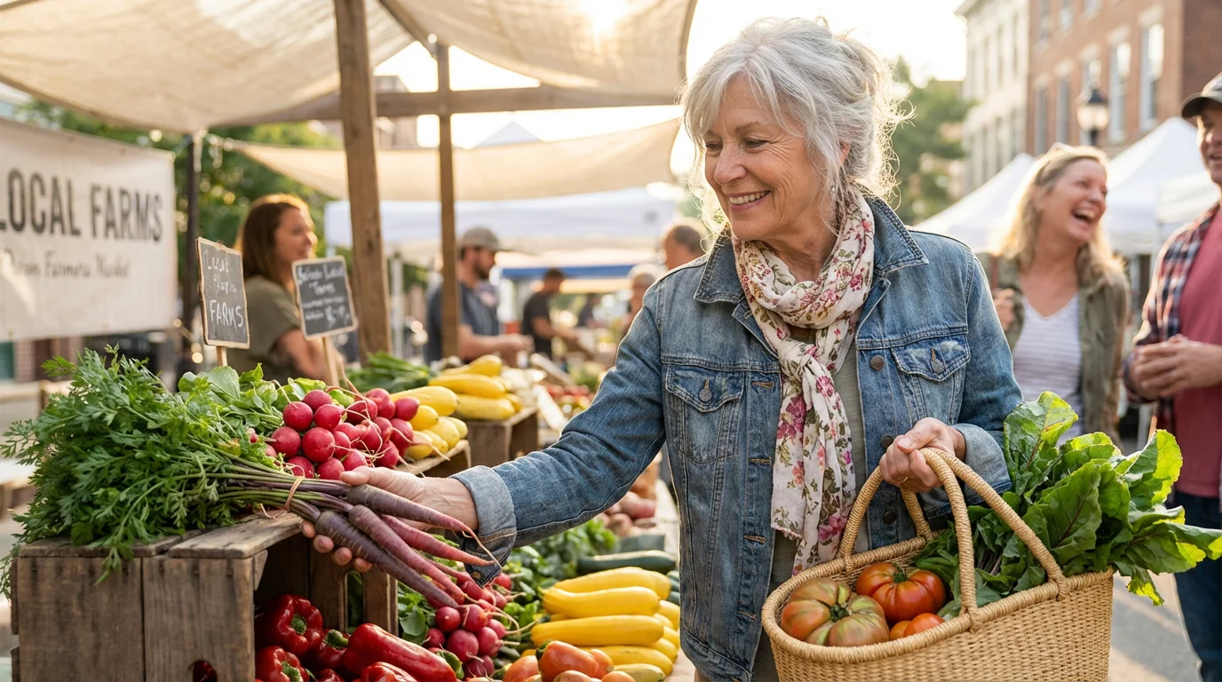 A senior woman with a basket smiles while shopping at a sunny outdoor farmers market.