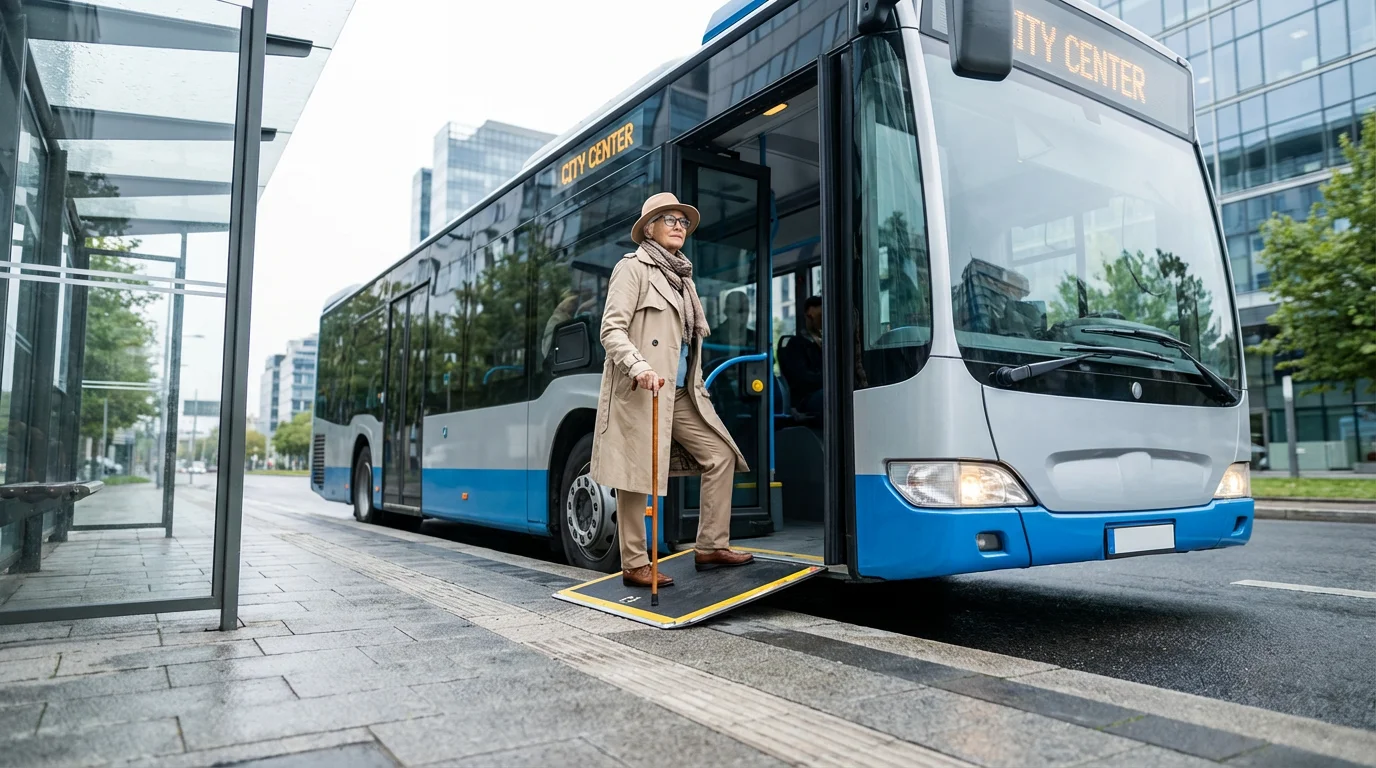 A senior woman with a cane easily boards a modern, accessible city bus.