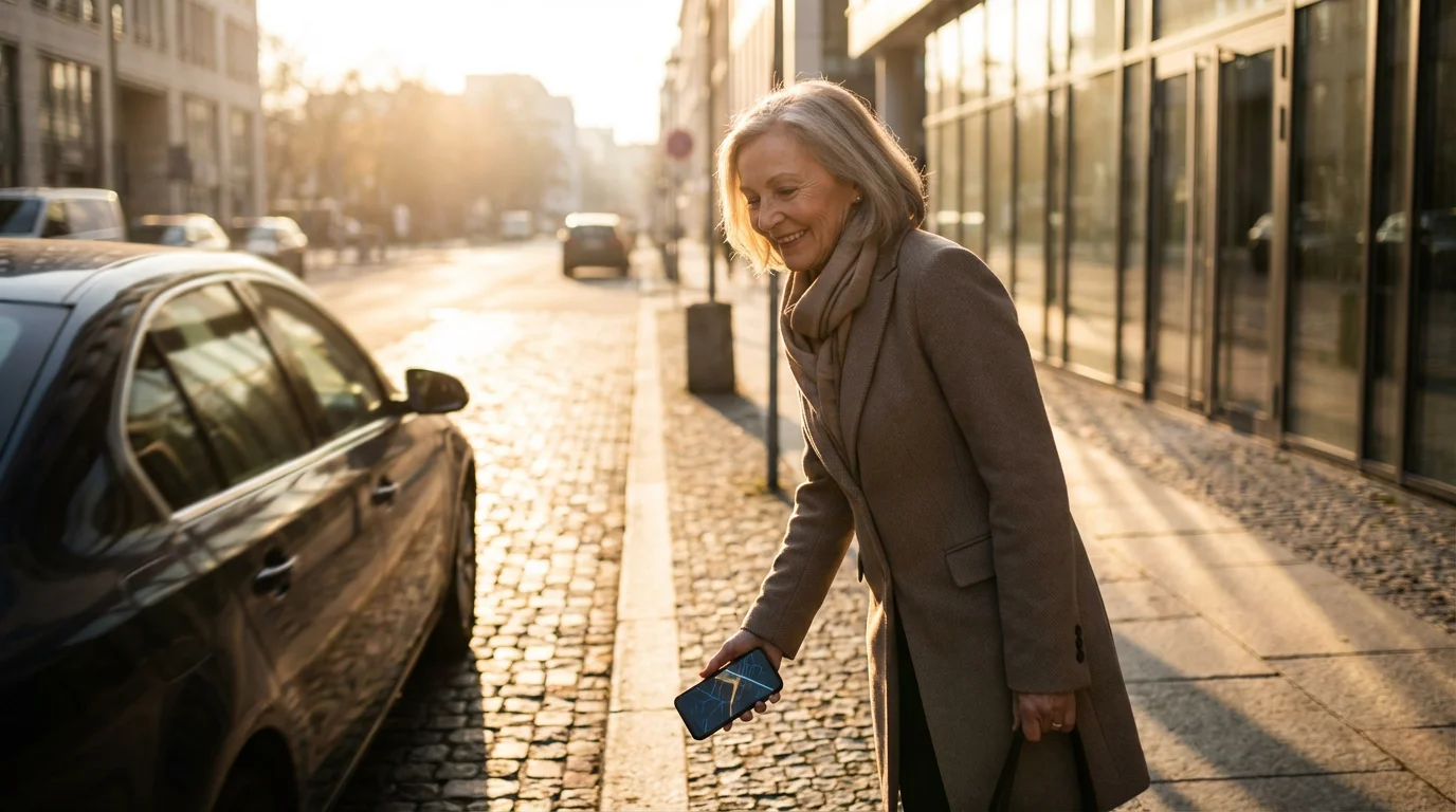 A senior woman with a smartphone as a modern rideshare car arrives for her.