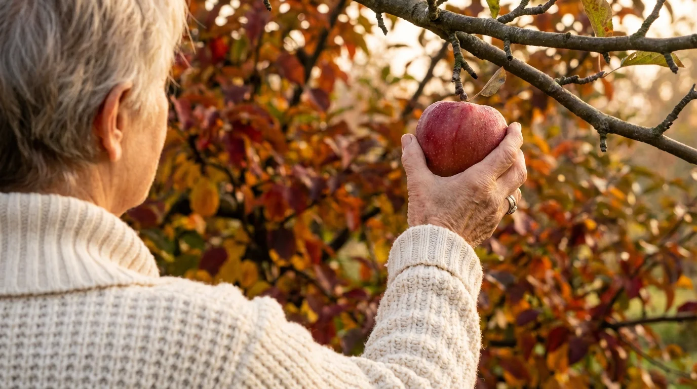A senior woman's hand reaching for a red apple in a Wisconsin orchard during autumn.