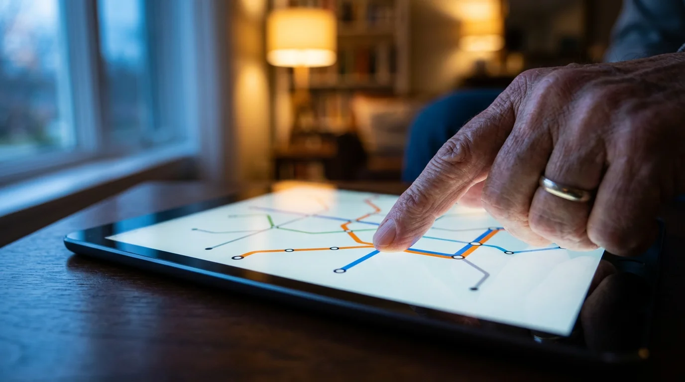 A senior's finger traces a route on a digital transit map on a tablet.