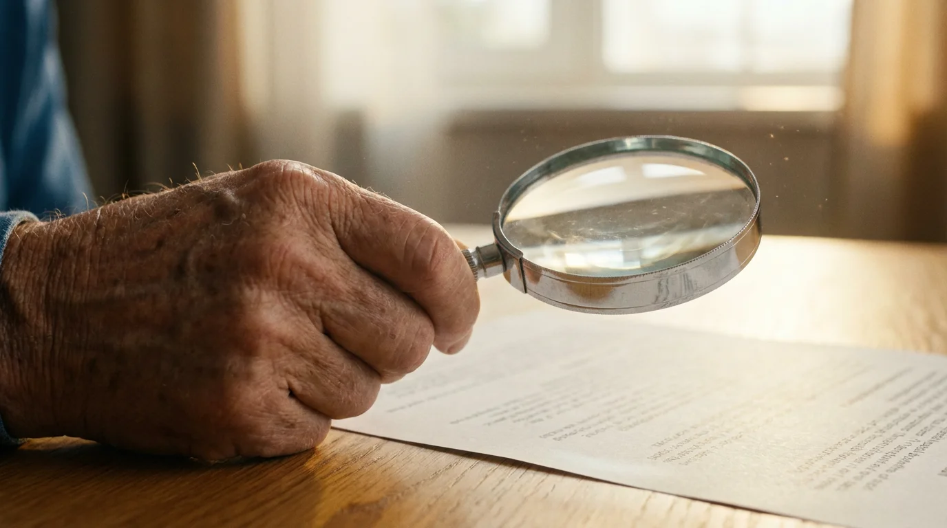 A senior's hand uses a magnifying glass to read a healthcare document closely.