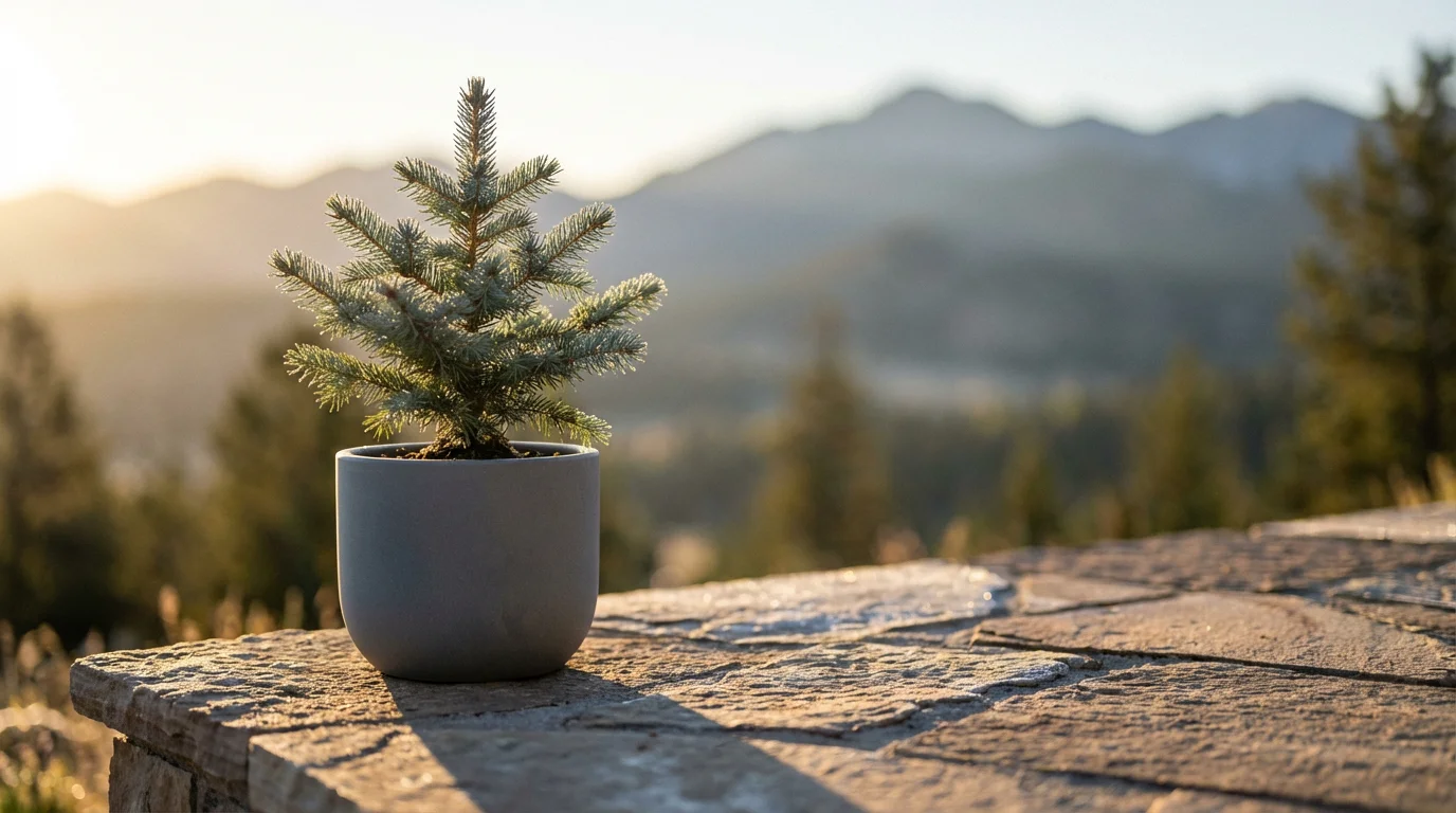 A small spruce sapling in a pot on a stone patio during a golden hour sunset.