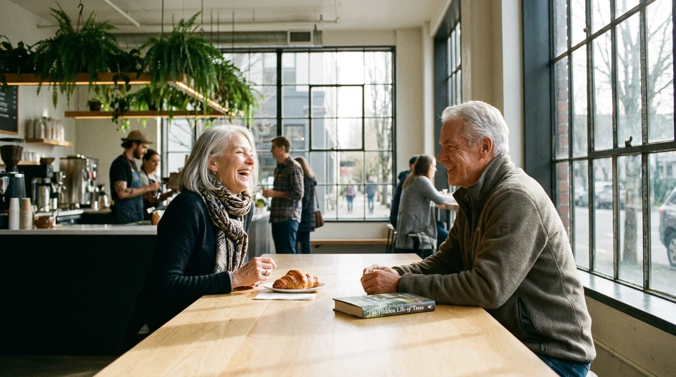 A smiling senior couple enjoys coffee and conversation in a sunlit Portland cafe.
