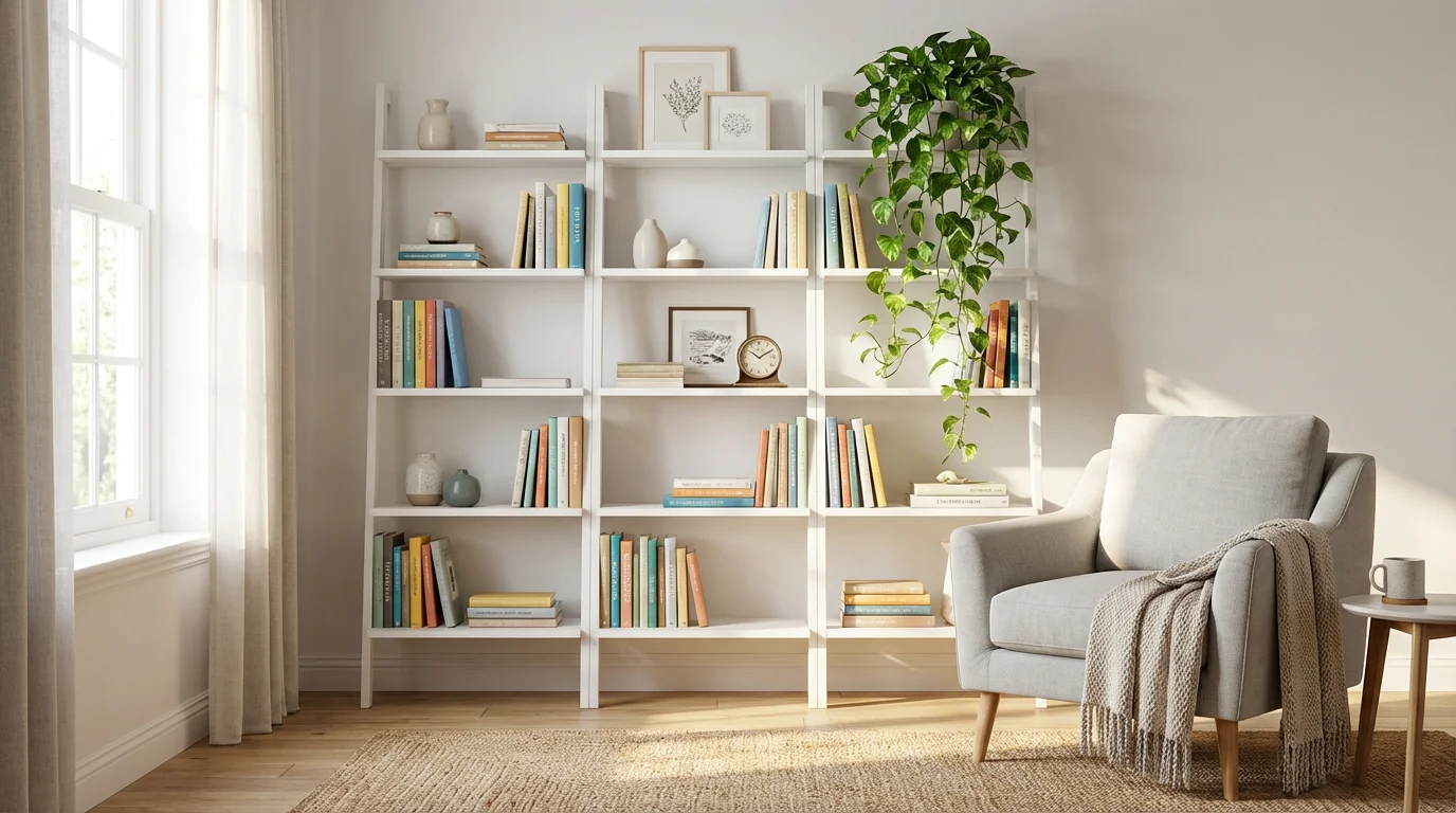 A tall, narrow white bookcase in a sunlit room, maximizing vertical storage space.