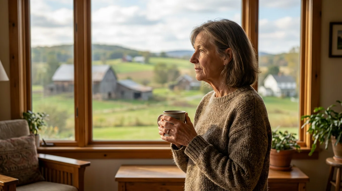 A thoughtful senior woman looking out a window at a peaceful Pennsylvania landscape.