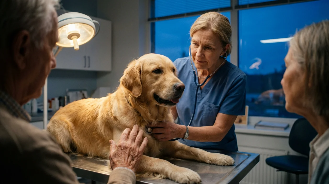 A veterinarian performs a health check-up on a golden retriever in a modern clinic.