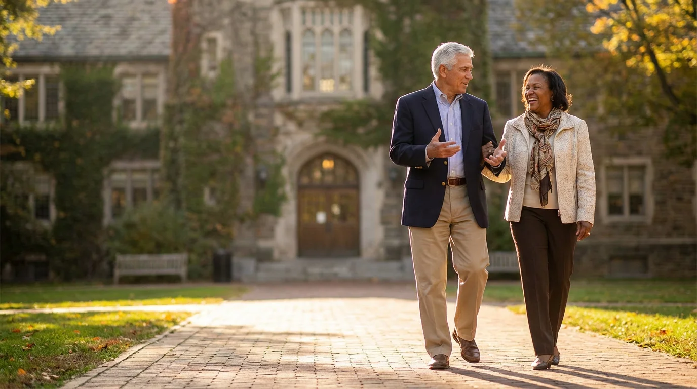A vibrant retired couple enjoys a walk on a university campus at sunset.