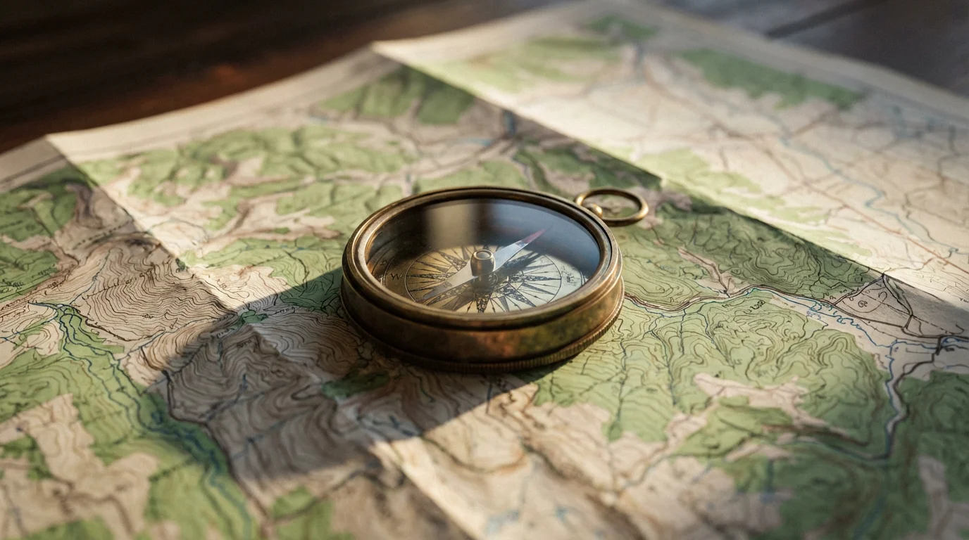 A vintage brass compass rests on a detailed topographical map of Colorado's mountains.