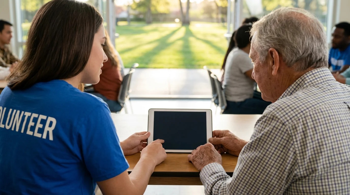 A volunteer helps a senior man sign up for a community service on a tablet.