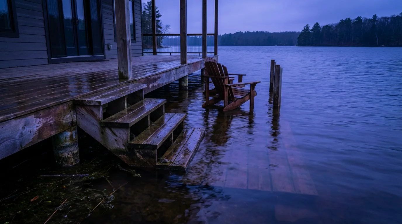 A waterfront deck with high water levels reaching the steps during blue hour.
