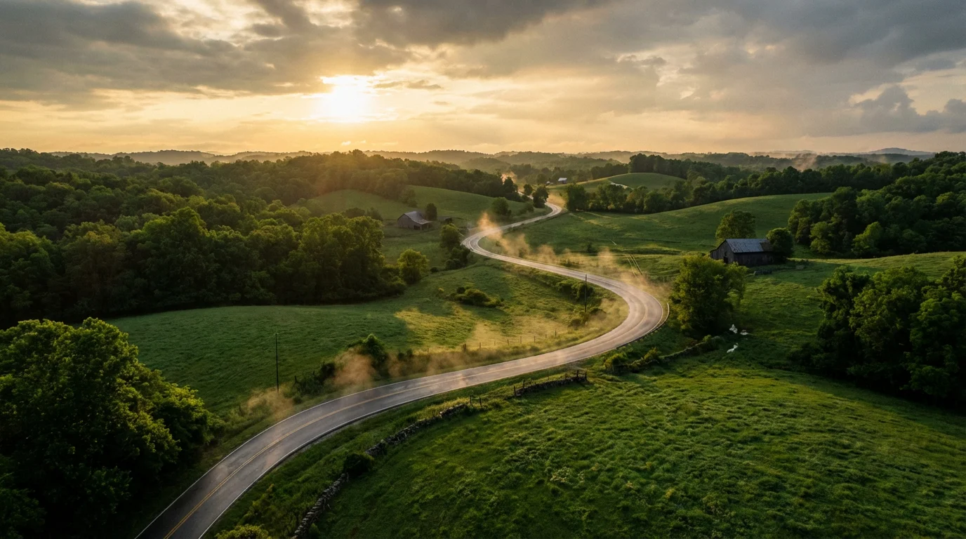 A wet country road in Kentucky during a warm, golden hour sunset after summer rain.