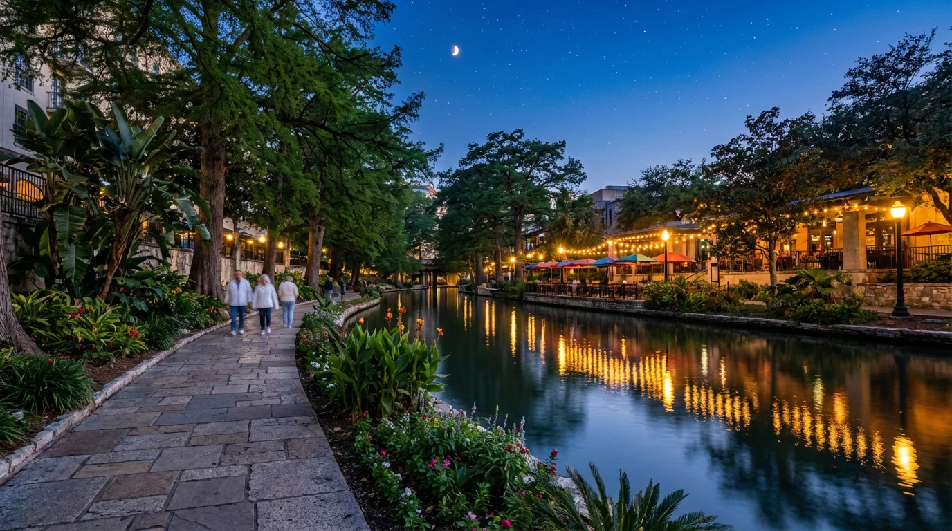 A wide evening view of the illuminated San Antonio Riverwalk during a mild winter.