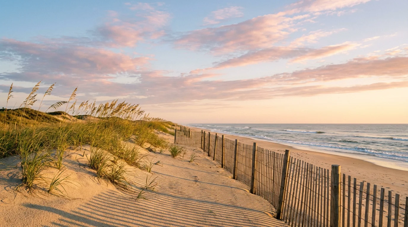 A wide, peaceful view of a Delaware beach with sand dunes and ocean at sunrise.