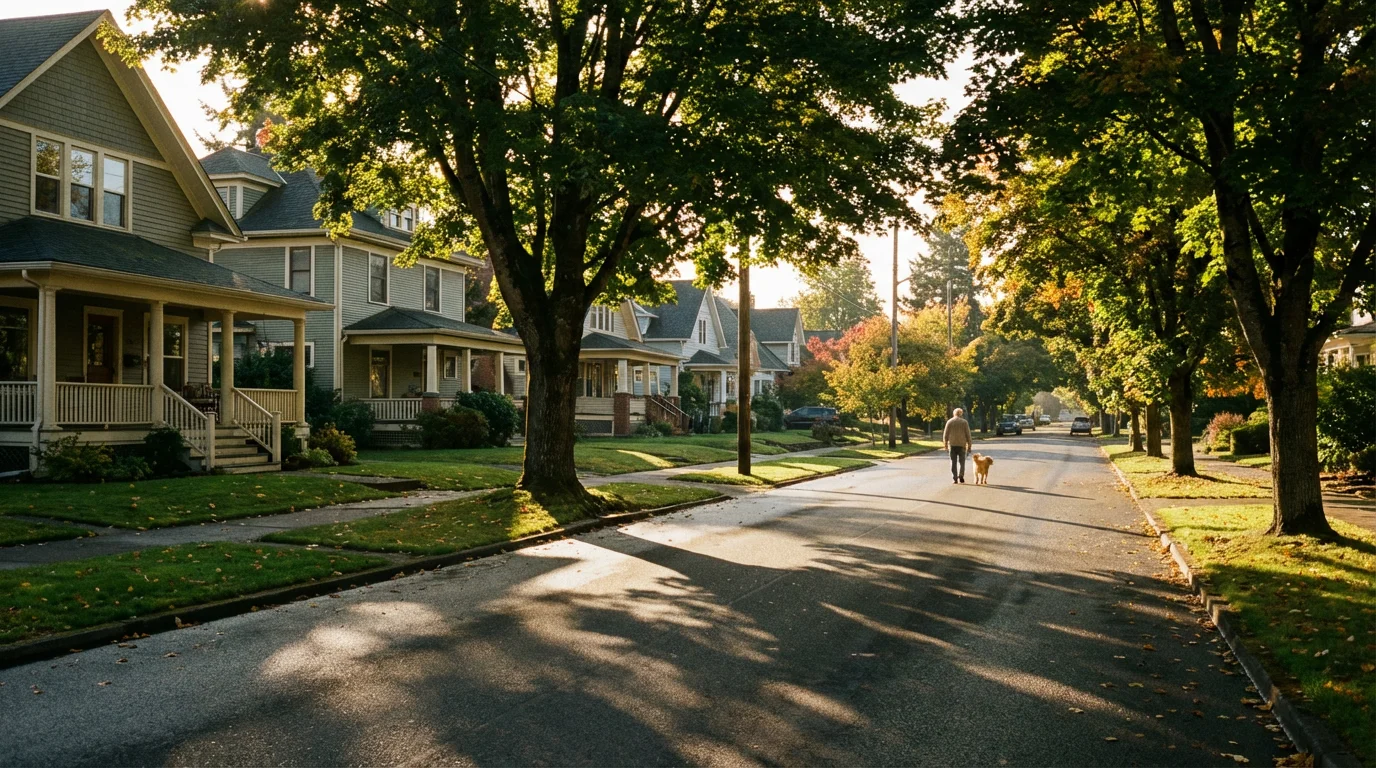 A wide photograph of a quiet, tree-lined residential street with long afternoon shadows.