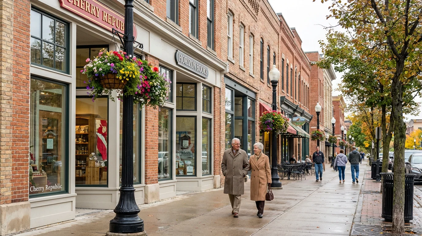 A wide shot of a clean, vibrant downtown street in a charming Michigan city.