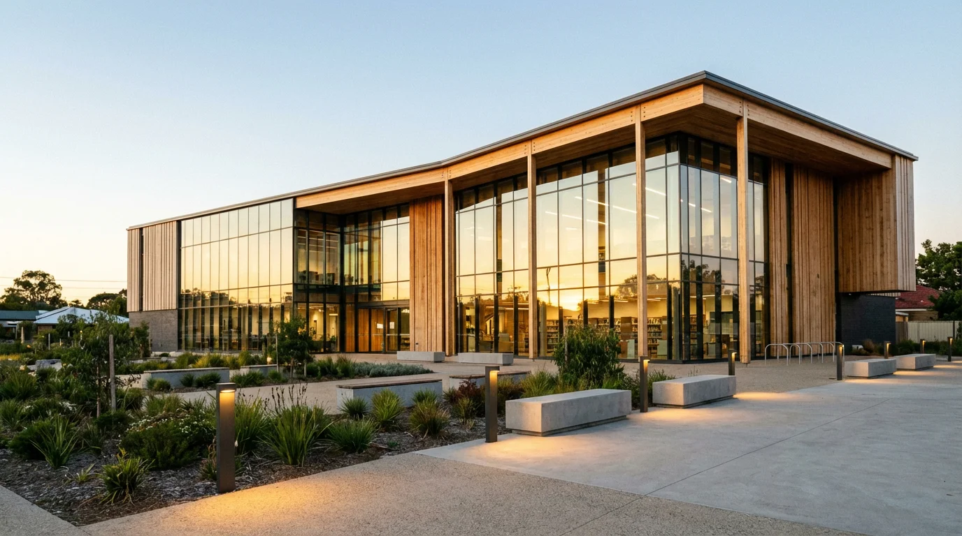 A wide shot of a modern public library and landscaped plaza at sunset.