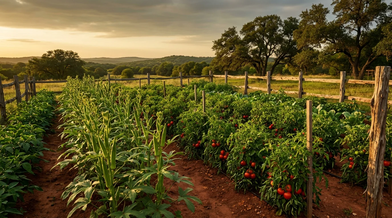 A wide view of a rustic Texas vegetable garden with long afternoon shadows.