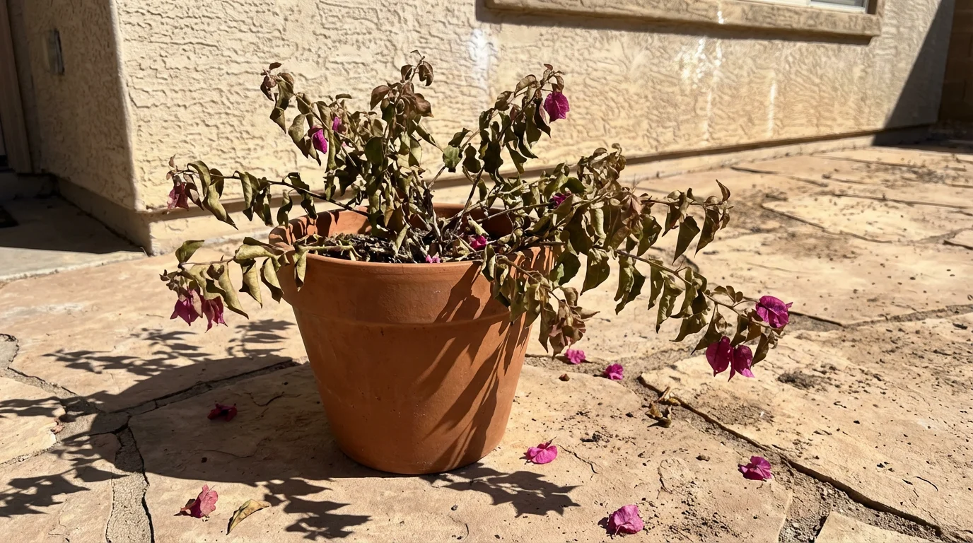 A wilting bougainvillea plant in a terracotta pot during a hot desert afternoon.