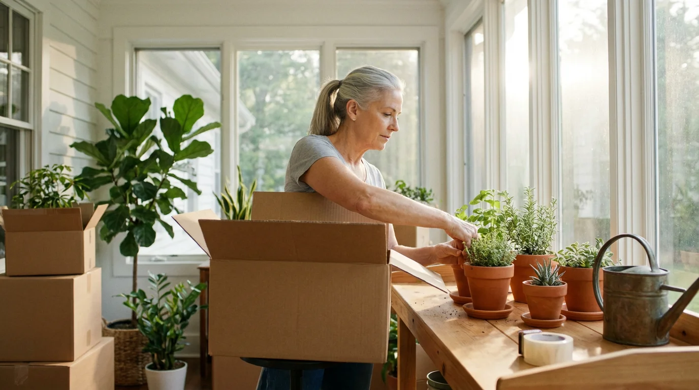 A woman carefully packs potted plants into a moving box in a sunlit room.