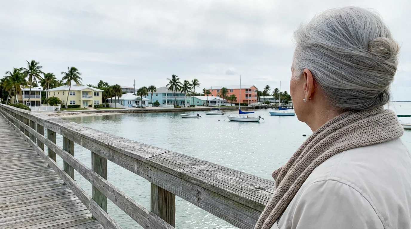 A woman from behind looks over a tranquil Florida coastal town from a boardwalk.