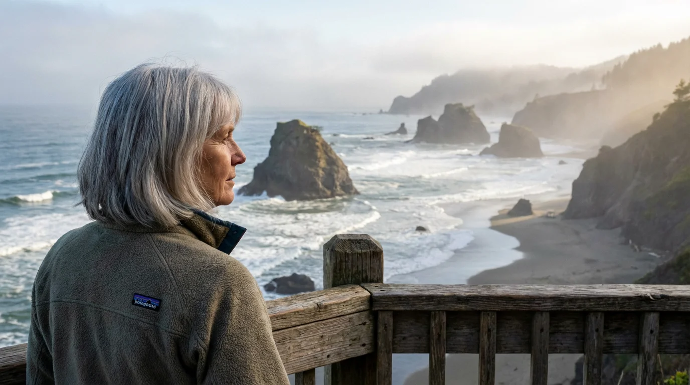 A woman in her 60s gazes from a viewpoint at the rugged Pacific Northwest coast.