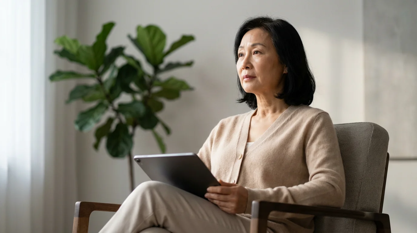 A woman in her 60s thoughtfully considers her future while using a tablet at home.