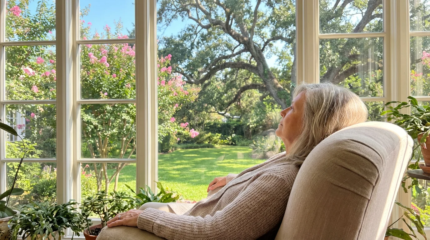 A woman looks from a sunroom window onto a lush, sunny Georgia backyard garden.