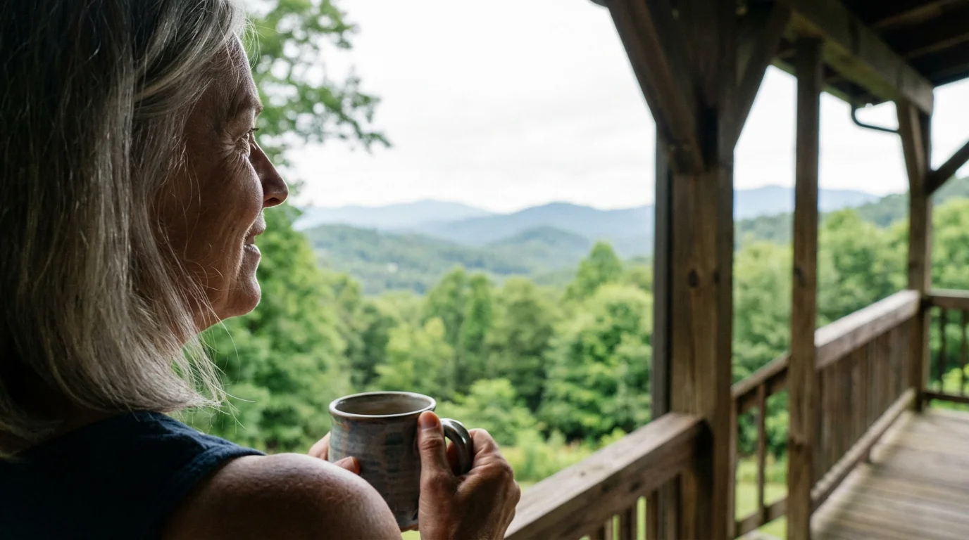 A woman looks out at the Blue Ridge Mountains from a porch, planning retirement.