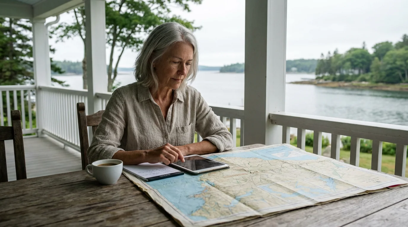 A woman researches coastal retirement locations on a map from a porch overlooking the water.