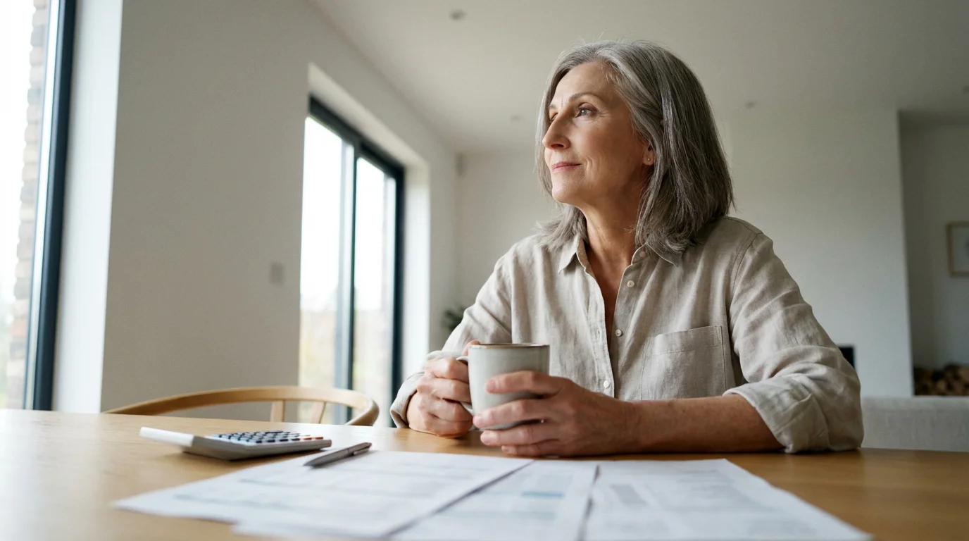 A woman sits at a sunlit table reviewing papers and planning her retirement budget.